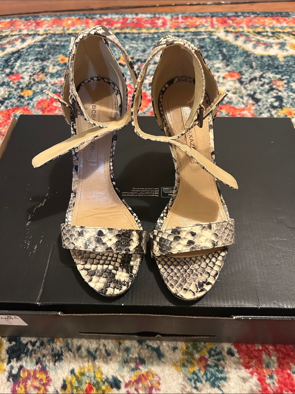 BCBGMaxAzria Beige Snake-Print Ankle-Strap Heels -NWOB